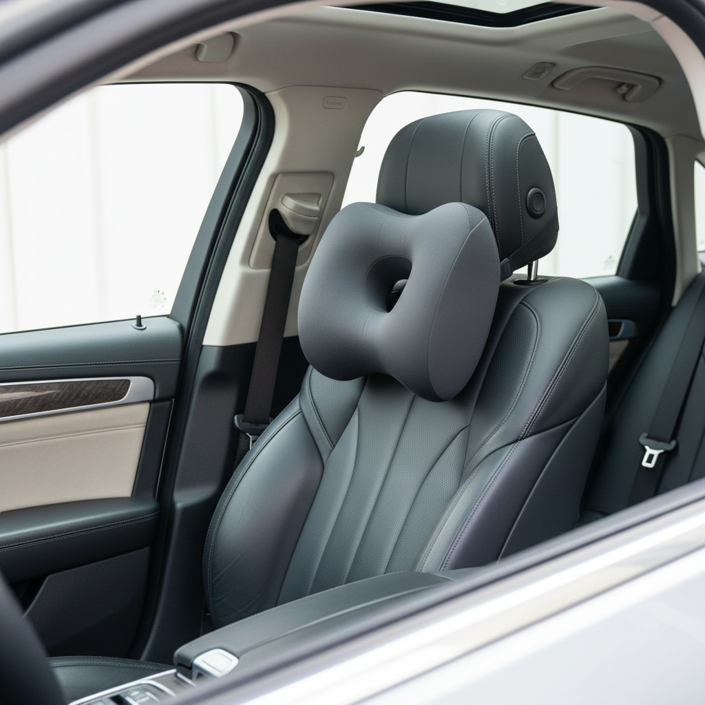 Car seat headrest with neck support travel pillow positioned correctly