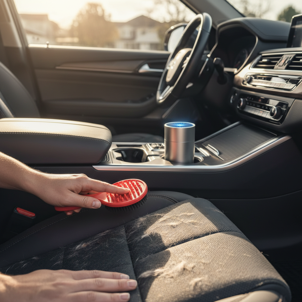 Driver using a pet hair brush on car seat next to a portable air purifier