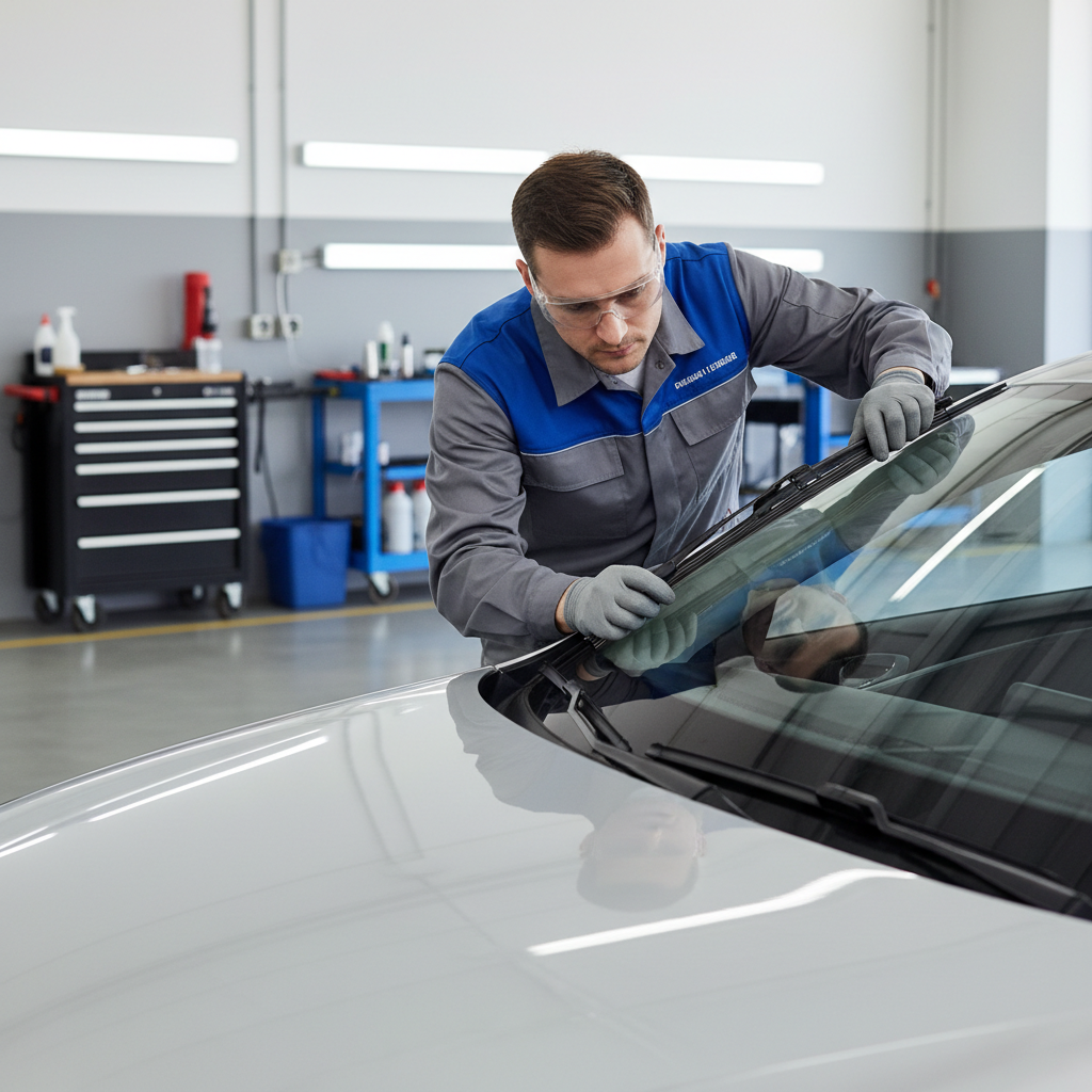 Mechanic checking windshield wiper arm tension and blade contact