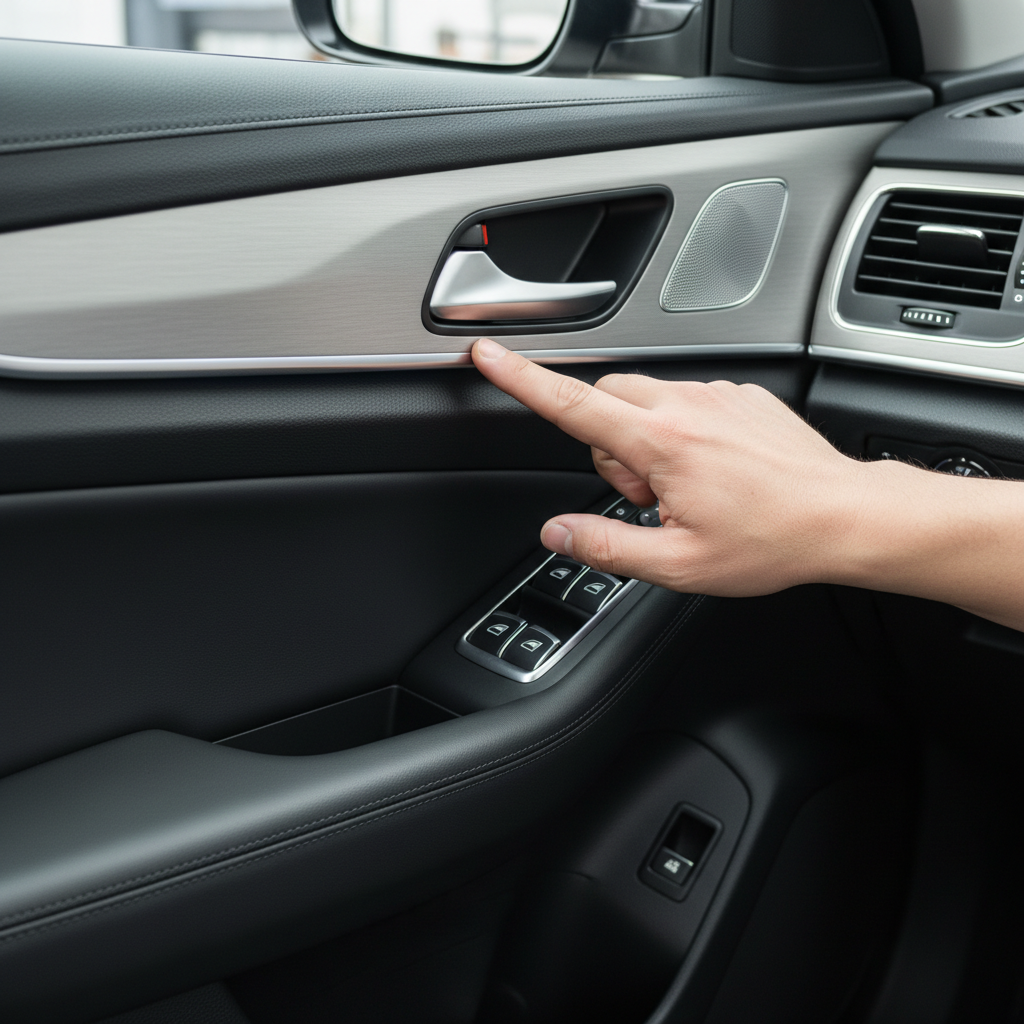 Hand pressing on car interior door panel to diagnose rattle location