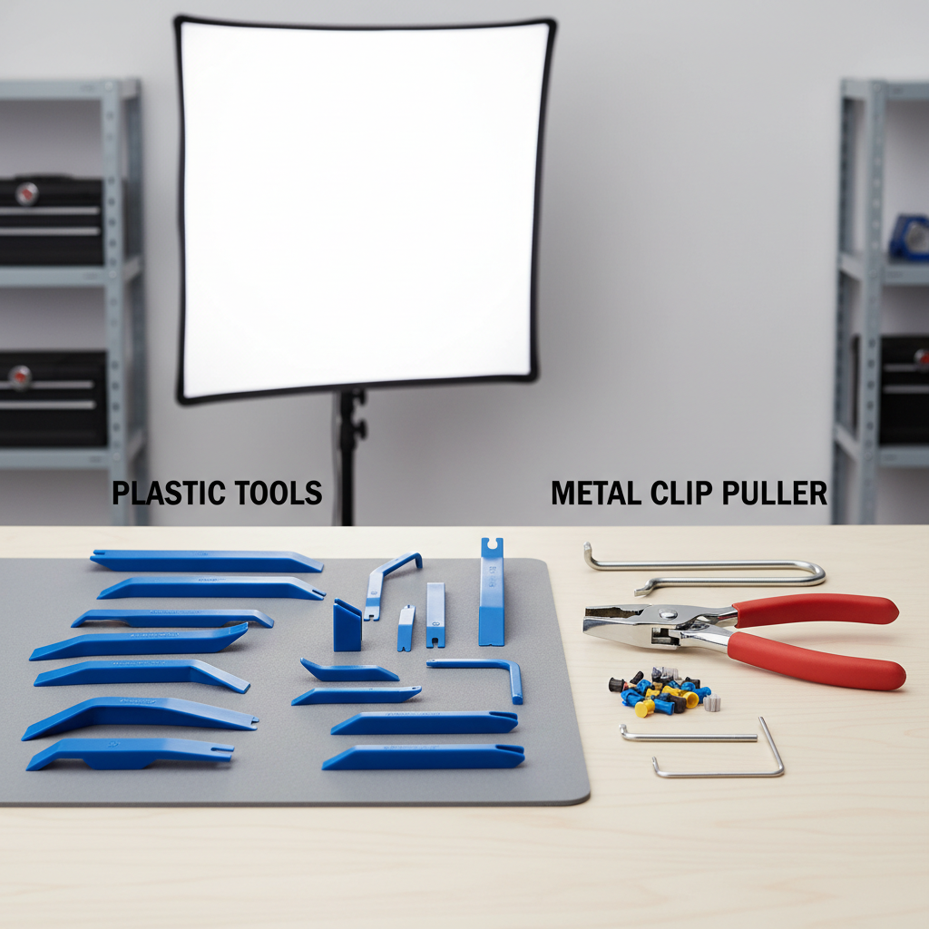 Comparison of nylon vs metal trim removal tools on a workbench
