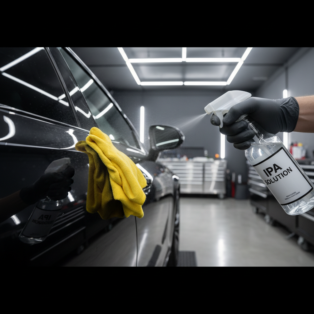 Cleaning a car door edge with isopropyl alcohol before installing edge guard molding