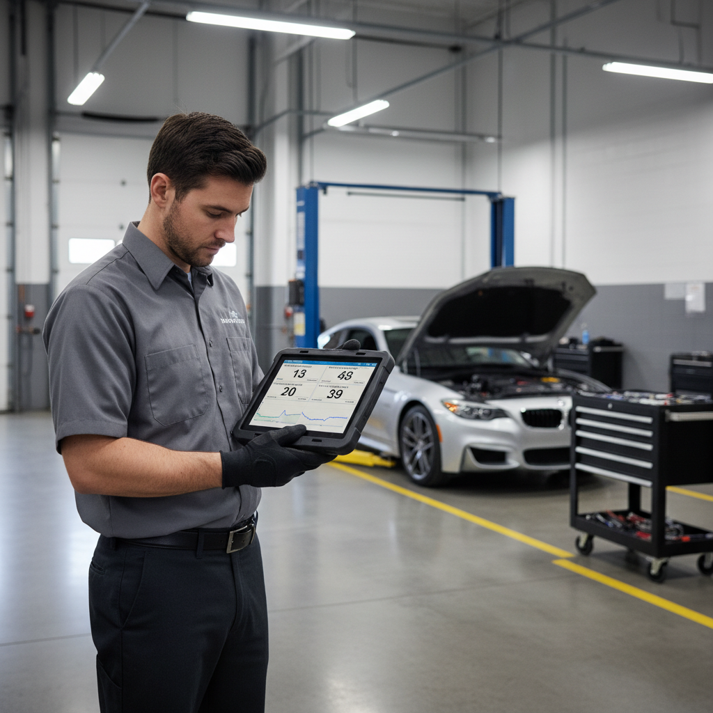 Technician viewing live wheel speed data on a diagnostic scan tool