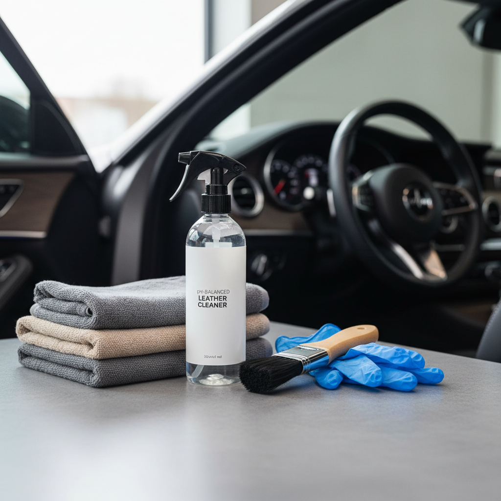 Car detailing setup for cleaning a leather steering wheel with microfiber towels and leather cleaner