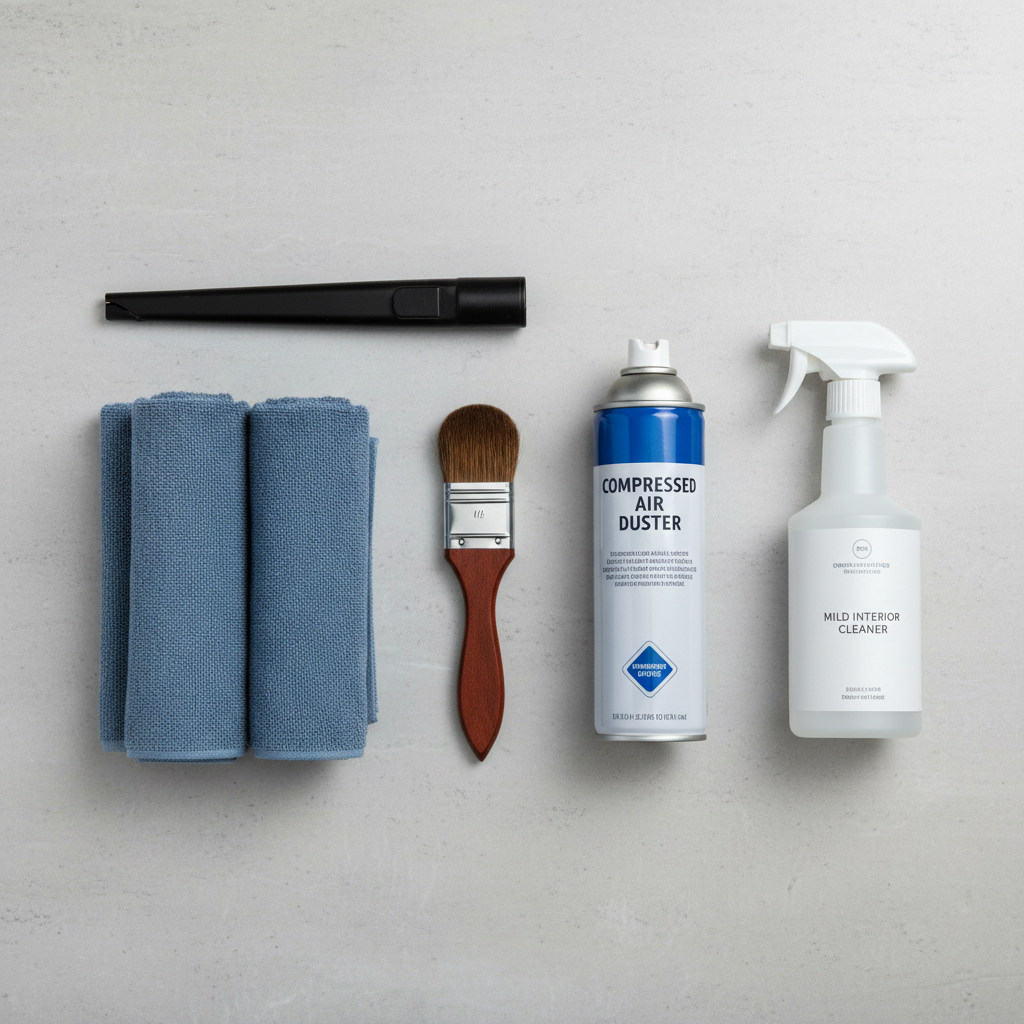 Car vent cleaning tools: detailing brush, microfiber towels, small vacuum nozzle