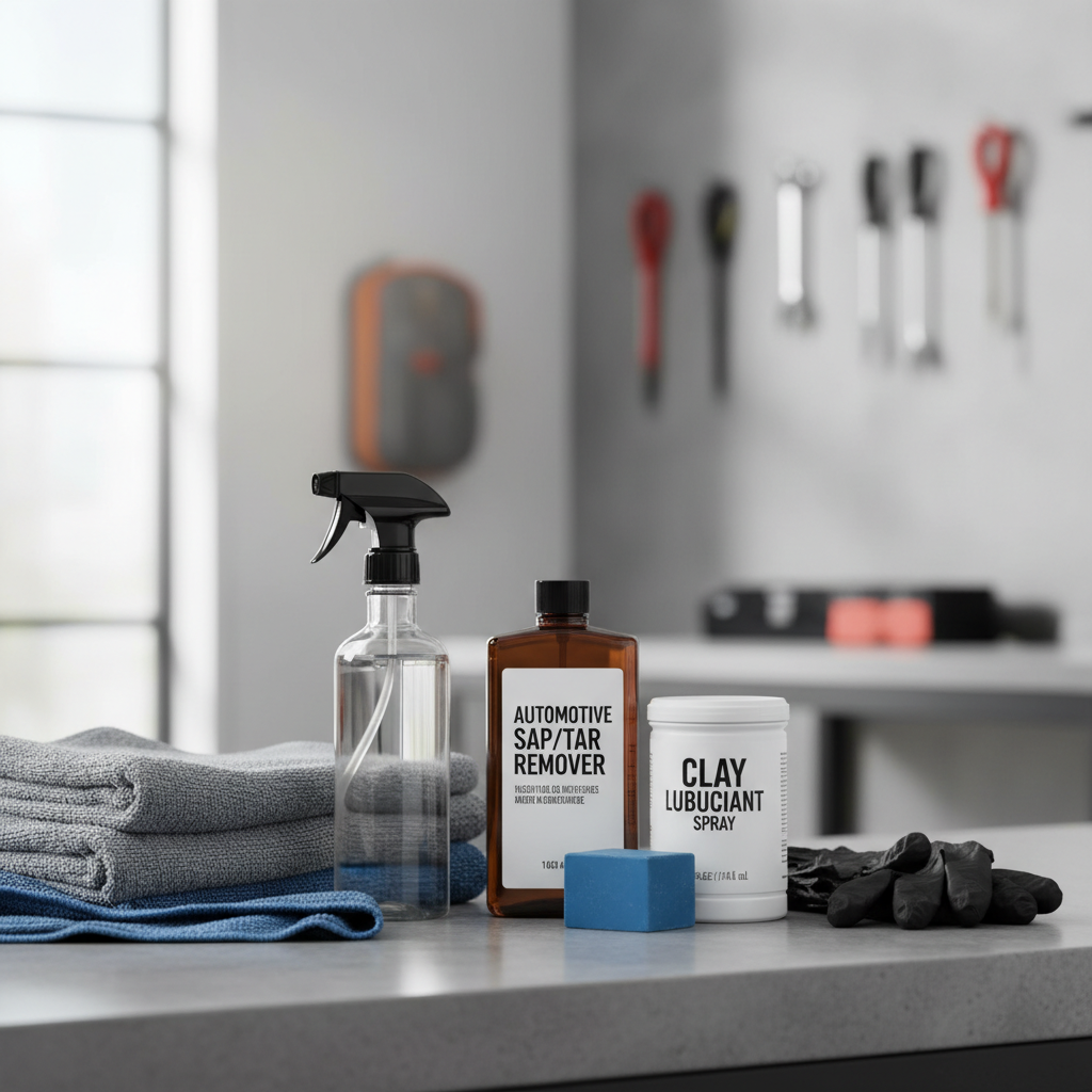 Car detailing supplies for removing tree sap, including microfiber towels and sap remover