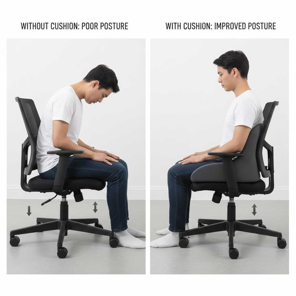 Side view comparison of sitting posture with and without a seat cushion on an office chair