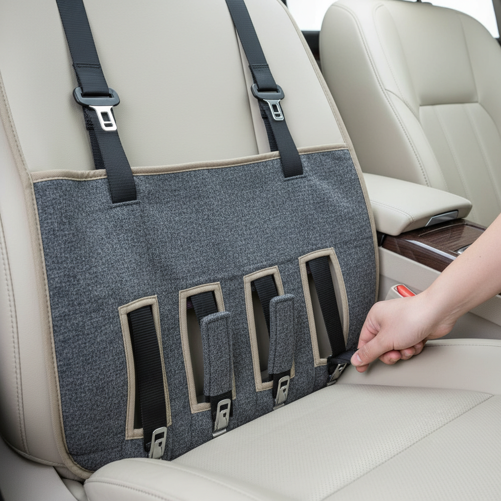 Close-up of seat cover straps and anchors installed under a car seat for secure winter fit