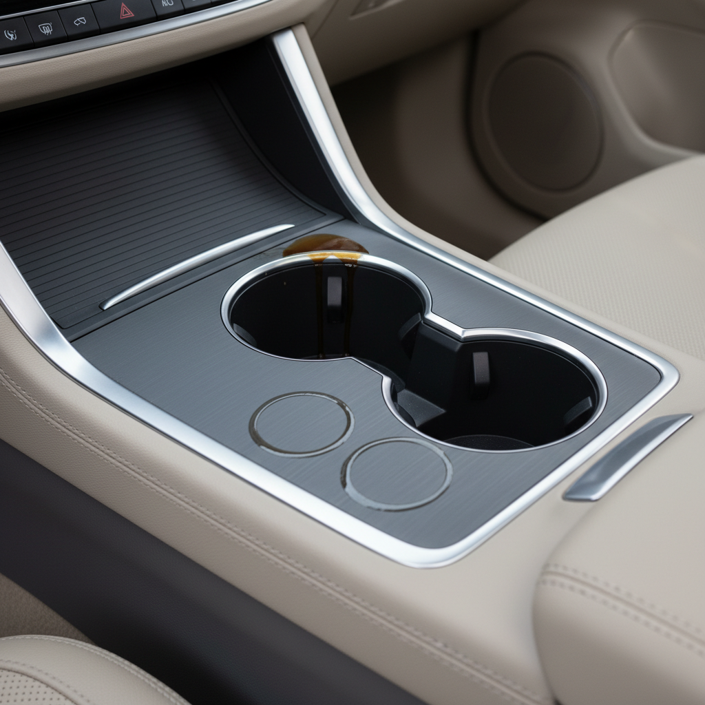 Car center console cup holder with coffee drips showing spill risk