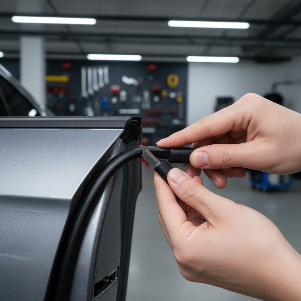 Close-up of trimming and pressing universal car door edge molding at the top corner