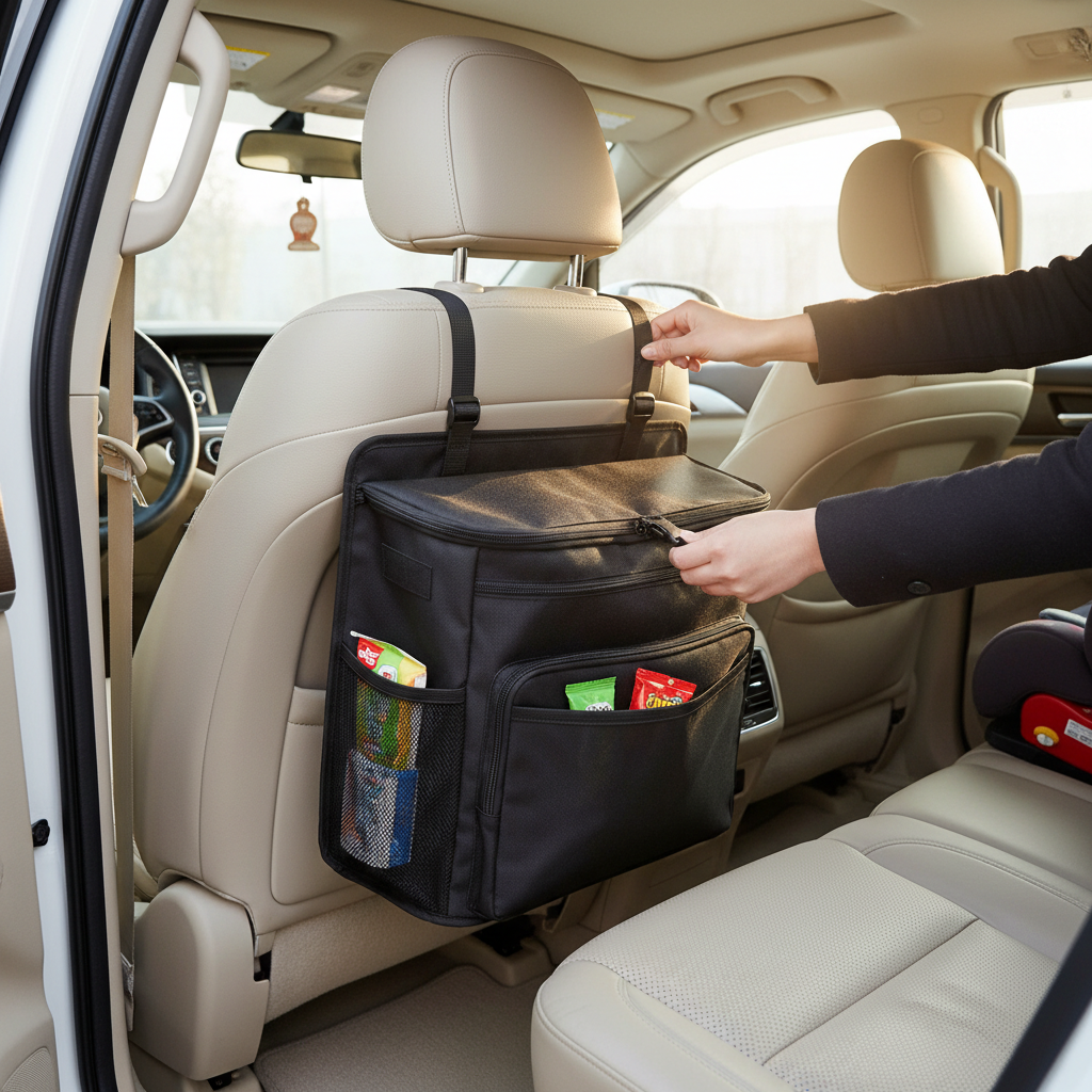 Driver installing a strapped compartment car trash can behind the front seat for family use