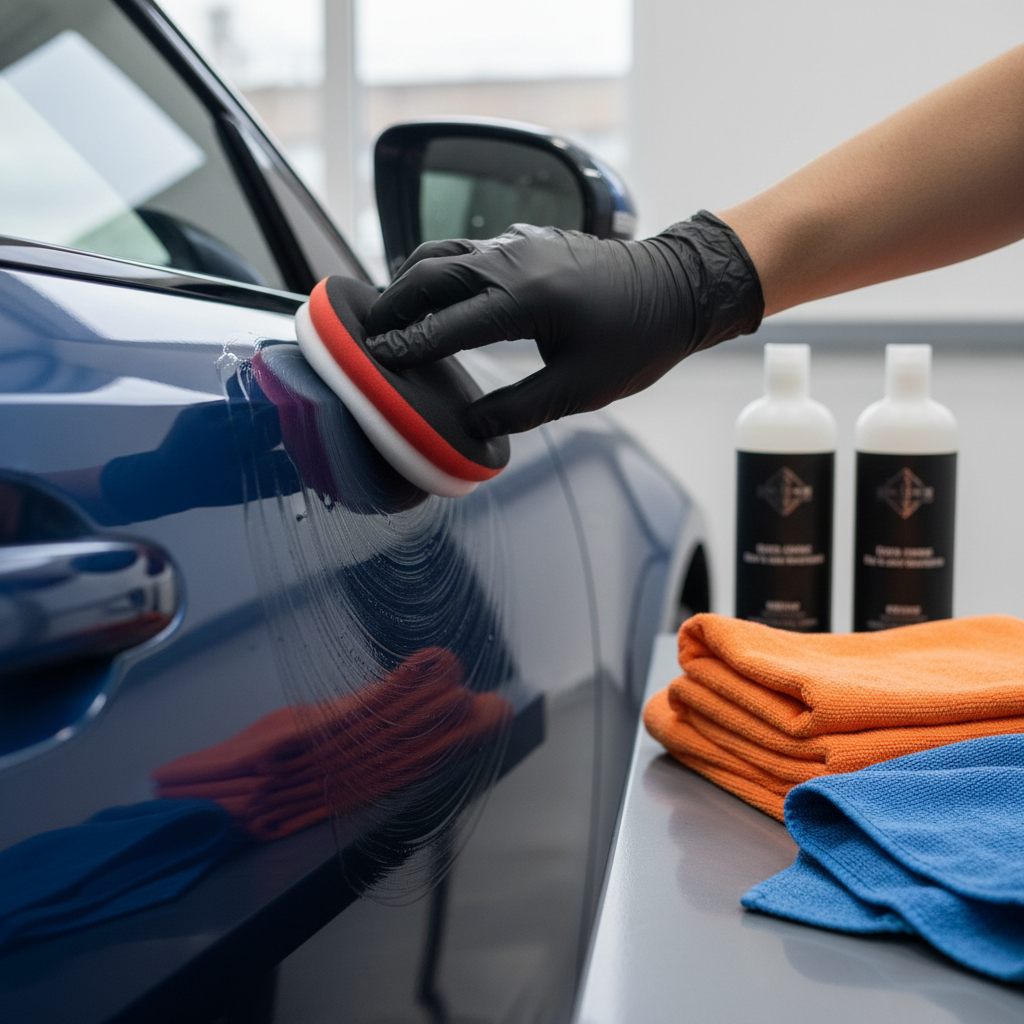 Applying a thin coat of paint sealant with a foam applicator on a clean car panel