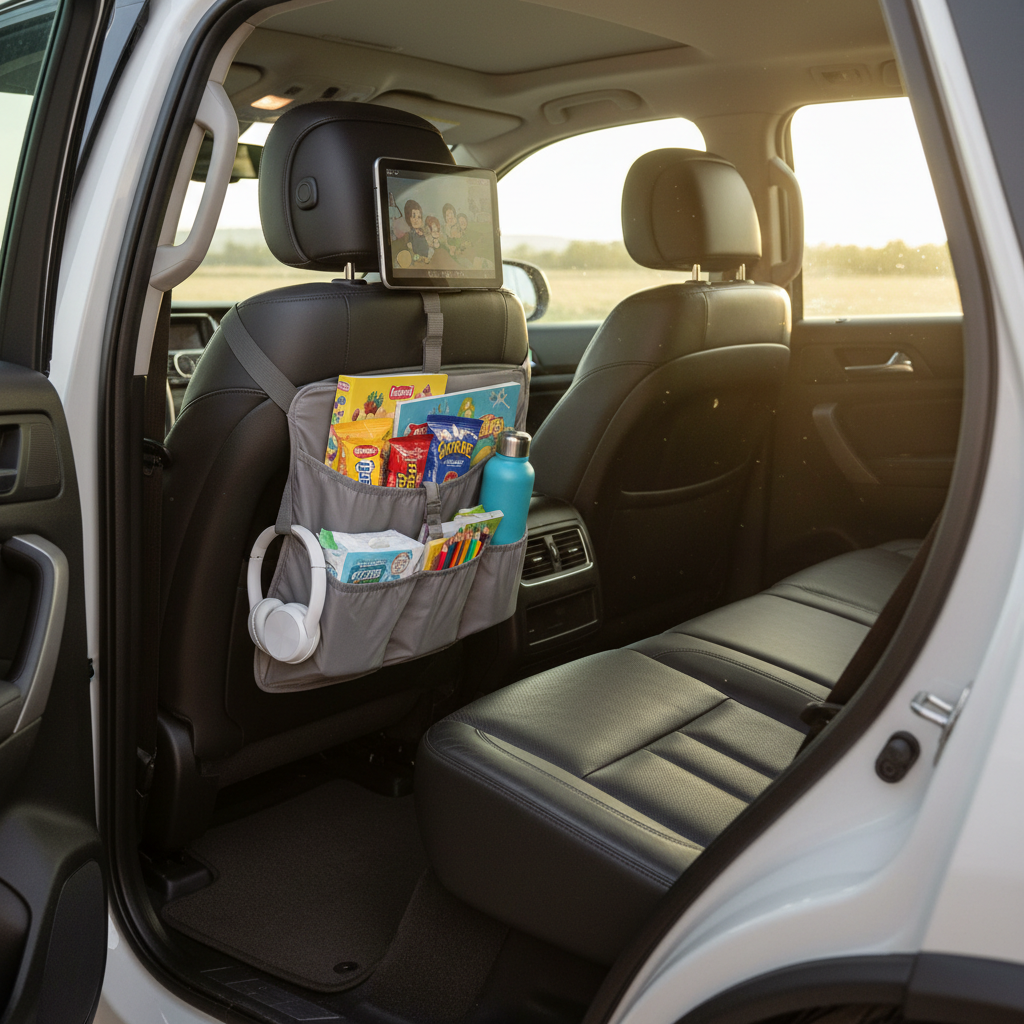 Organized backseat setup for a family road trip with folding seat organizer and essentials