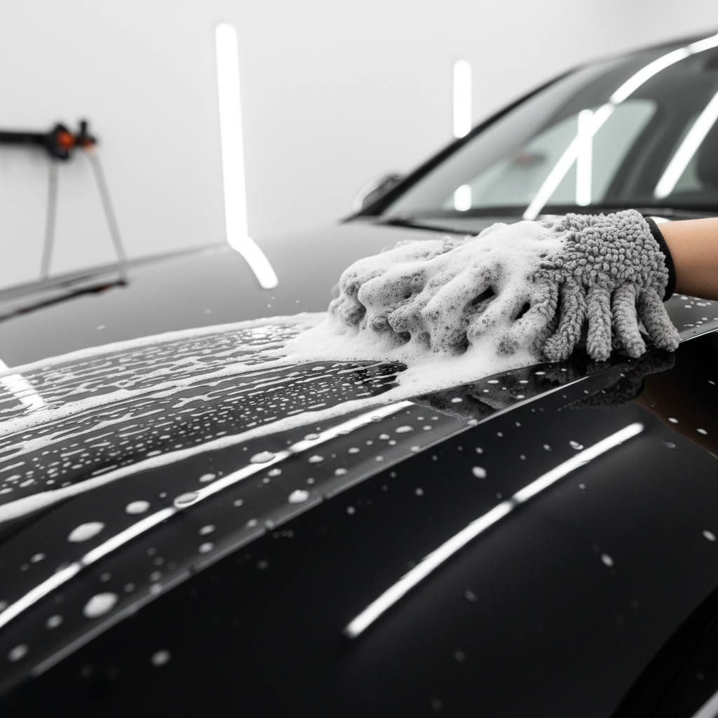Close-up of foam and microfiber wash mitt on car paint