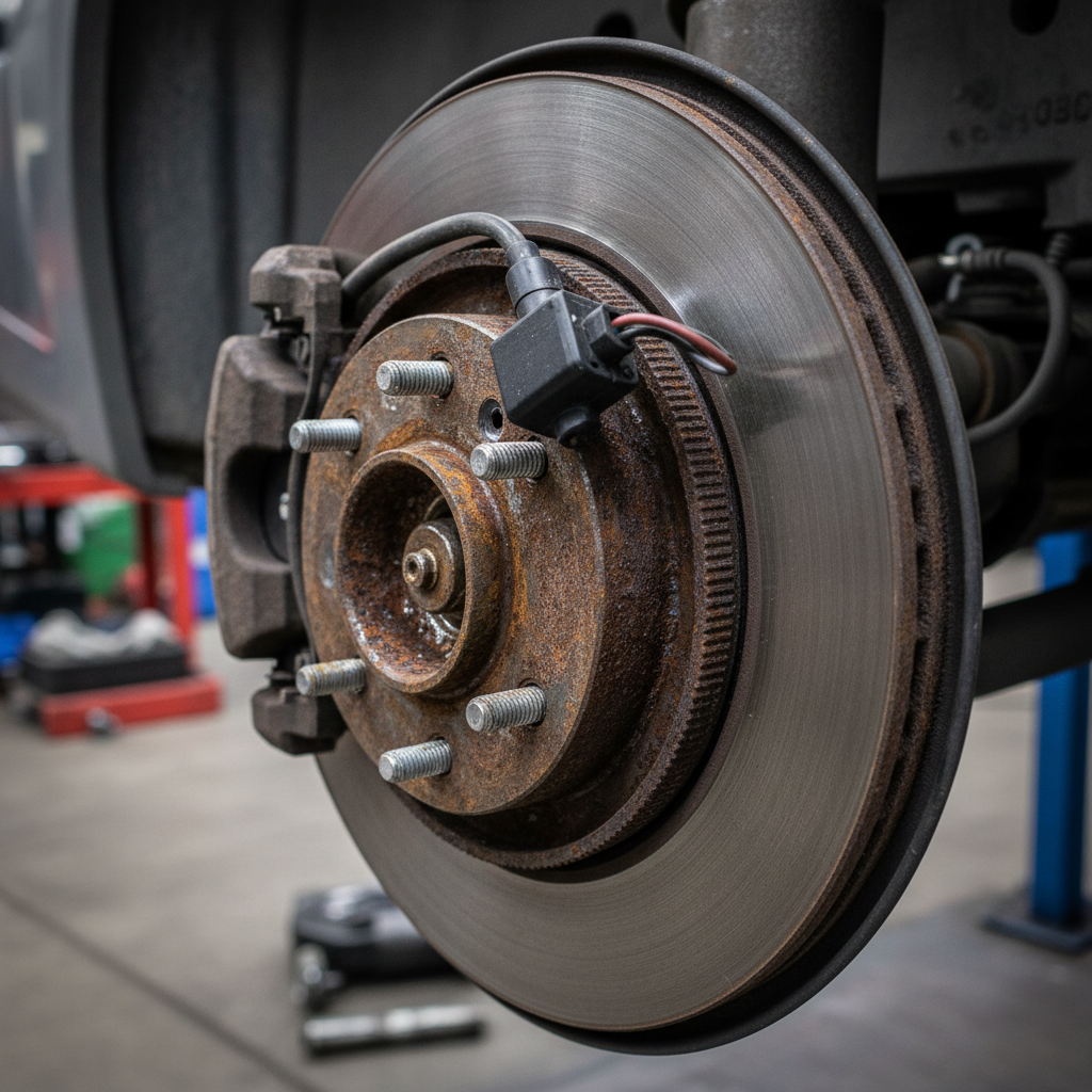 Close-up of a rusty wheel hub and ABS tone ring near the wheel speed sensor