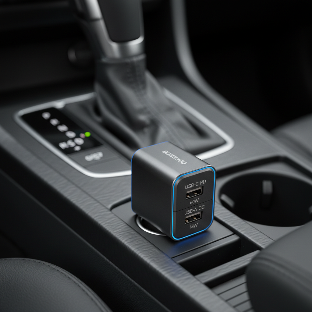 Car USB charger port wattage labels showing PD and QC fast charge