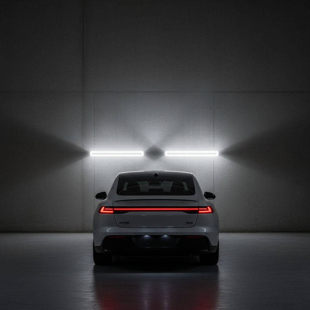Car headlights shining on a garage wall for beam pattern check