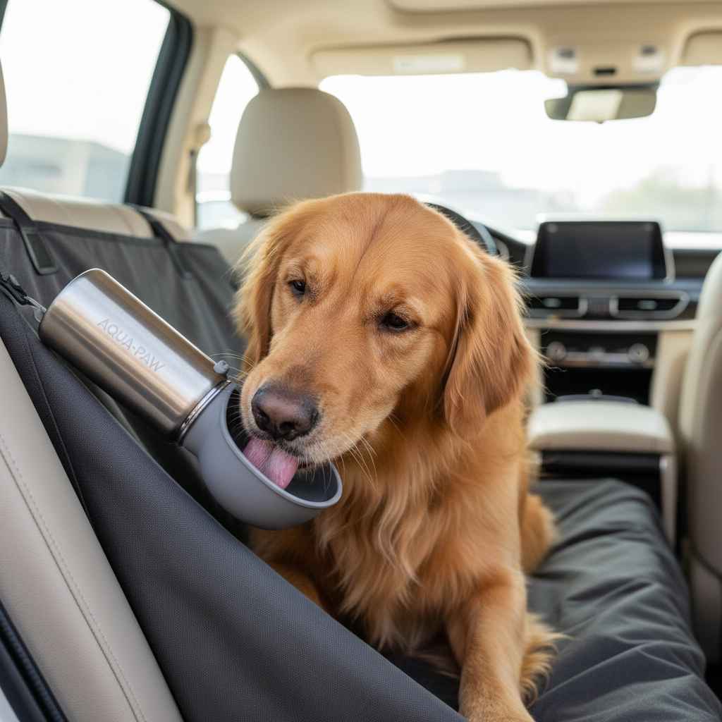Dog drinking from a portable water bottle inside a parked car