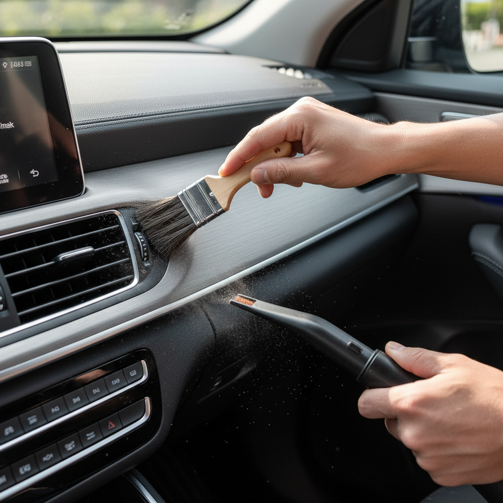 Using a detailing brush and vacuum together to clean car air vents