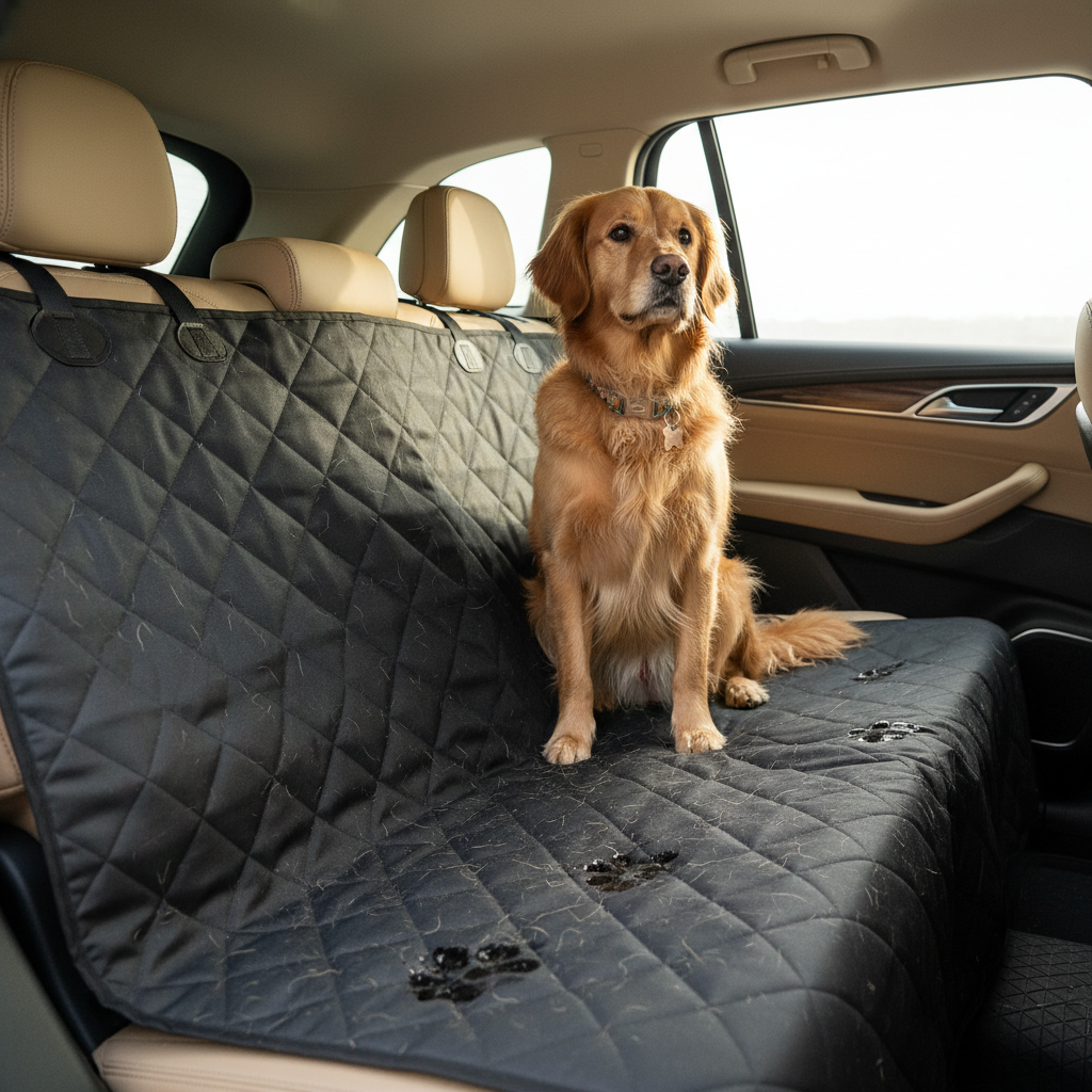 Waterproof dog hammock seat cover protecting a car back seat from hair and muddy paws