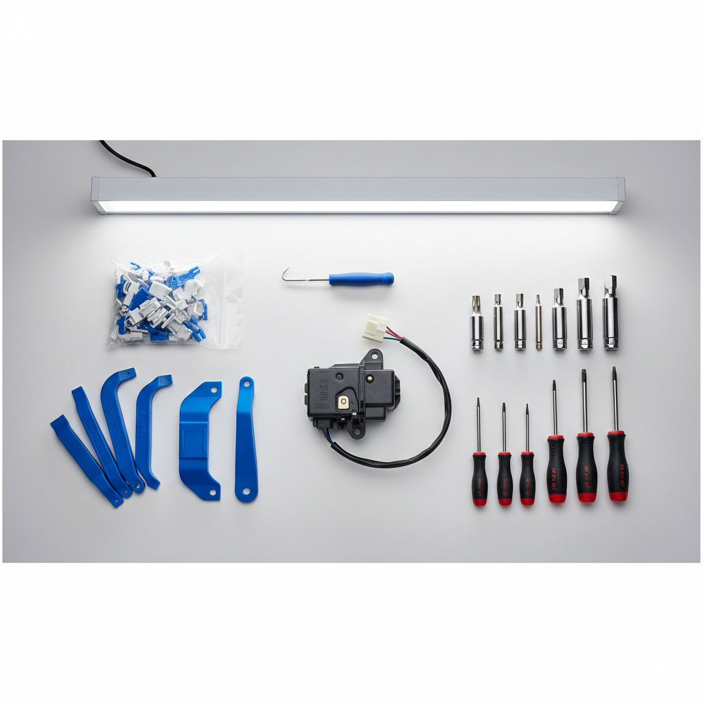 Door panel removal tools, Torx bits, trim clips, and a replacement door lock actuator