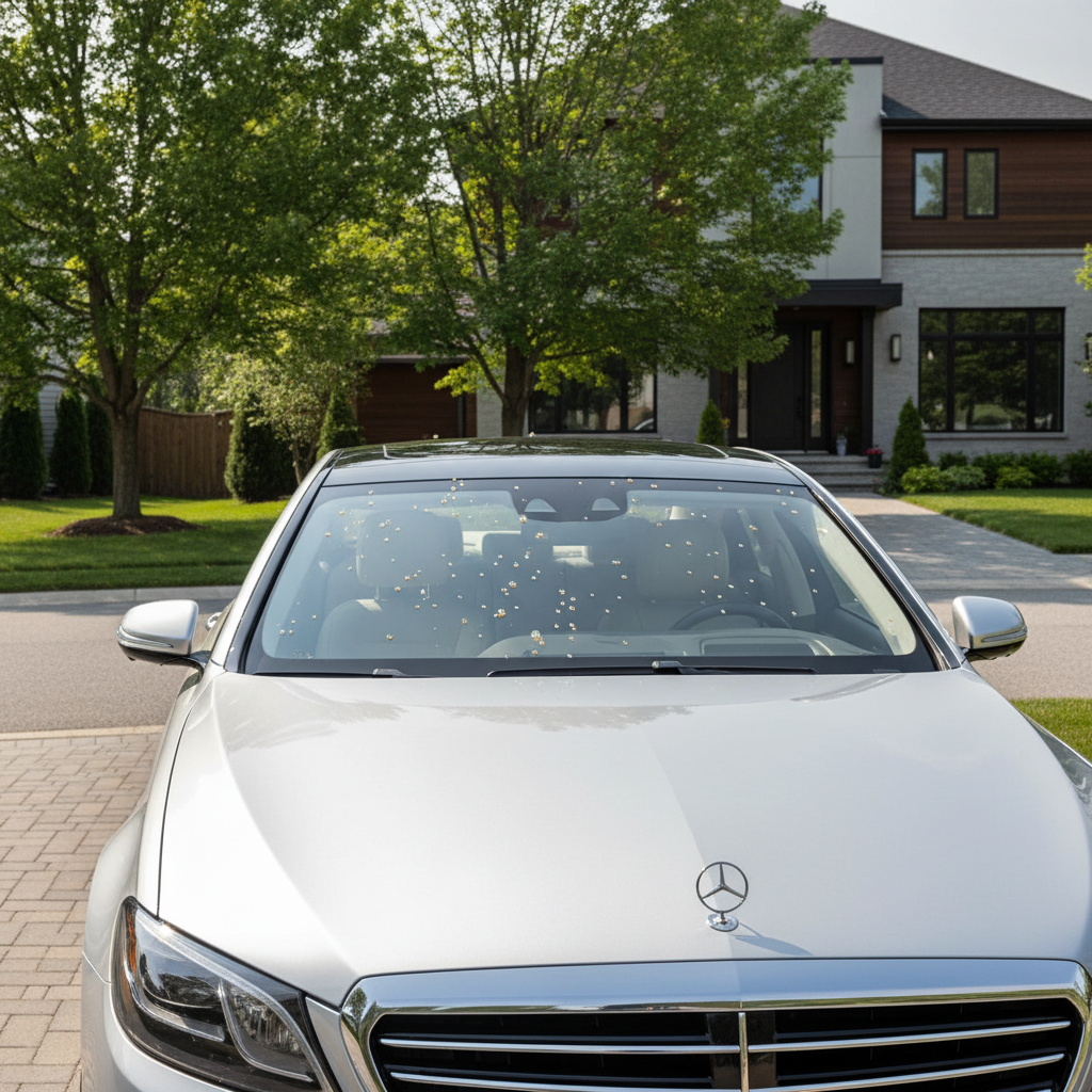 Tree sap spots on a car windshield and hood in daylight