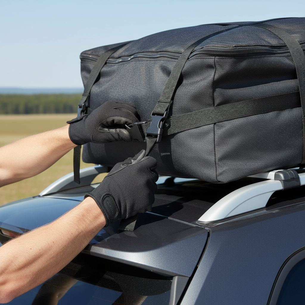 Tightening roof cargo bag straps and securing buckle ends to prevent flapping