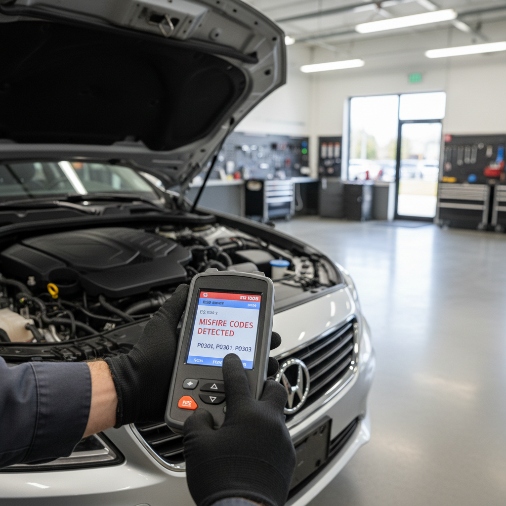 Mechanic scanning OBD2 codes for ignition coil misfire diagnosis