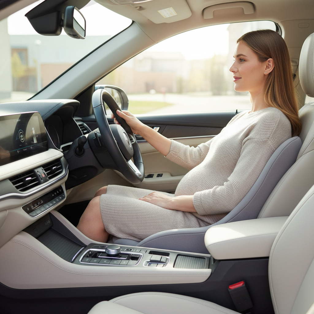 Pregnant driver using a supportive car seat cushion for comfort and posture