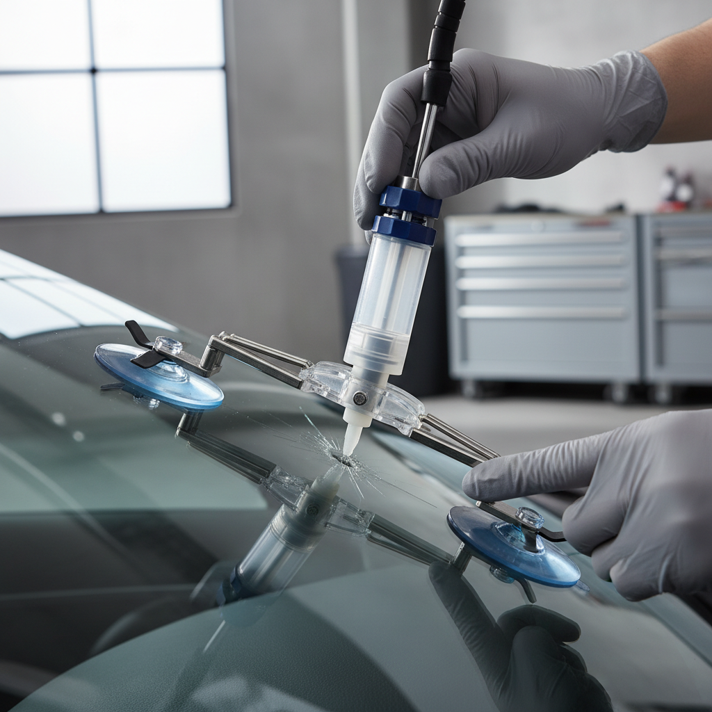 Hands applying windshield resin injector to a small chip on car glass