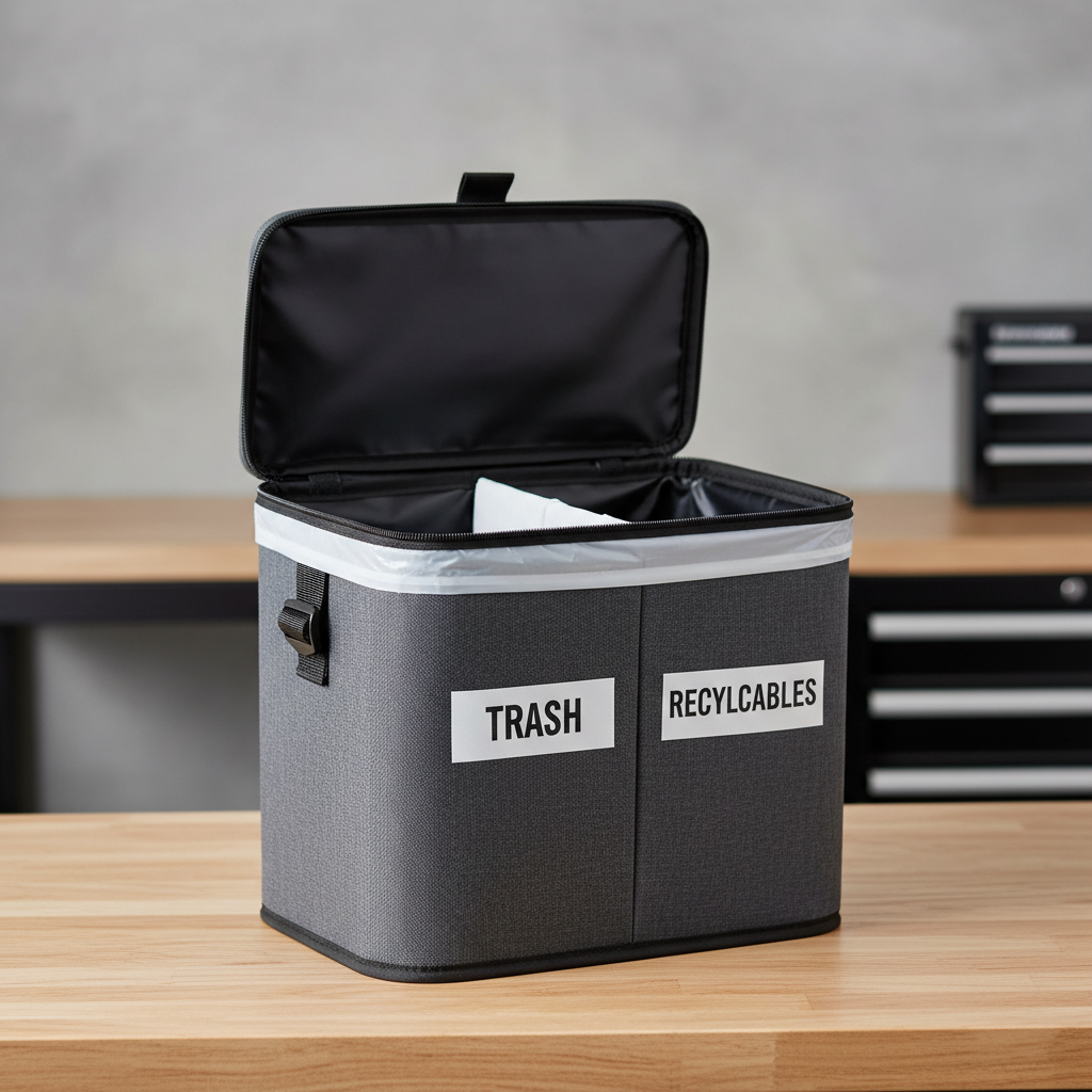 Two-compartment car trash can showing separate sections for trash and recyclables