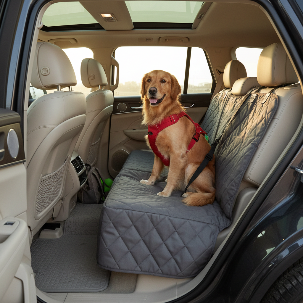 Dog secured with travel harness on waterproof seat cover in back seat