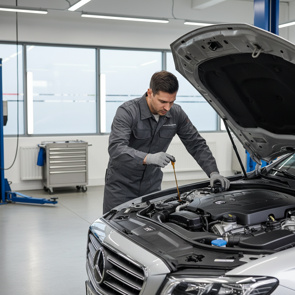 Mechanic checking engine oil dipstick and oil fill cap during oil change inspection