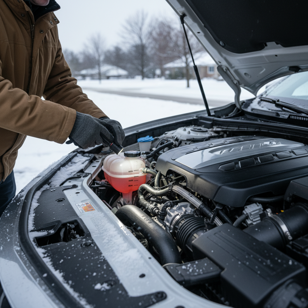 Checking coolant reservoir level on a cold engine in winter