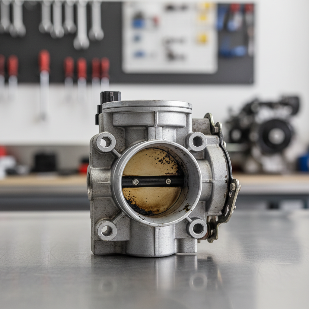 Dirty throttle body with carbon buildup near throttle plate