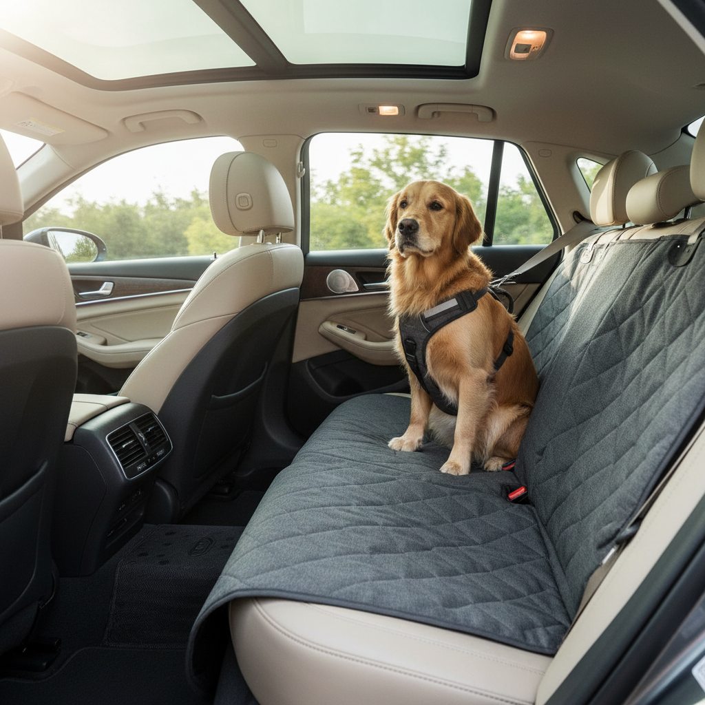 Dog secured with a harness in the back seat with a waterproof seat cover installed