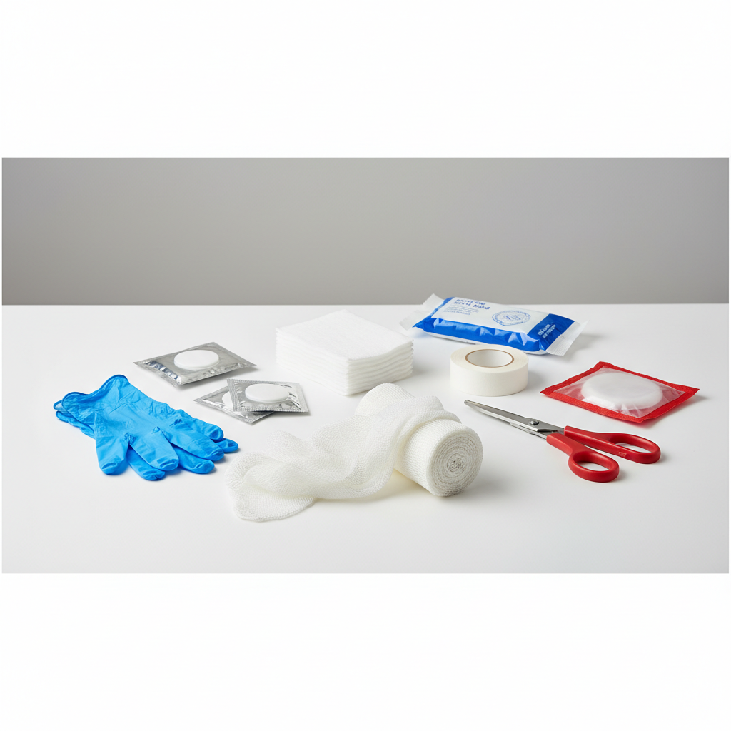 Close-up of essential first aid supplies for a car emergency kit including gauze, tape, gloves, and antiseptic wipes