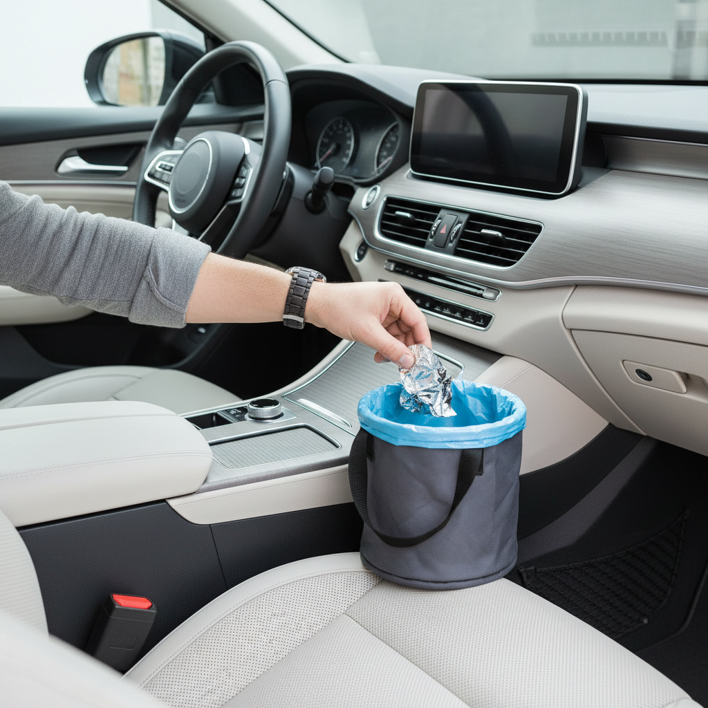 Driver using a compact foldable car trash can with a waterproof liner in a clean vehicle interior