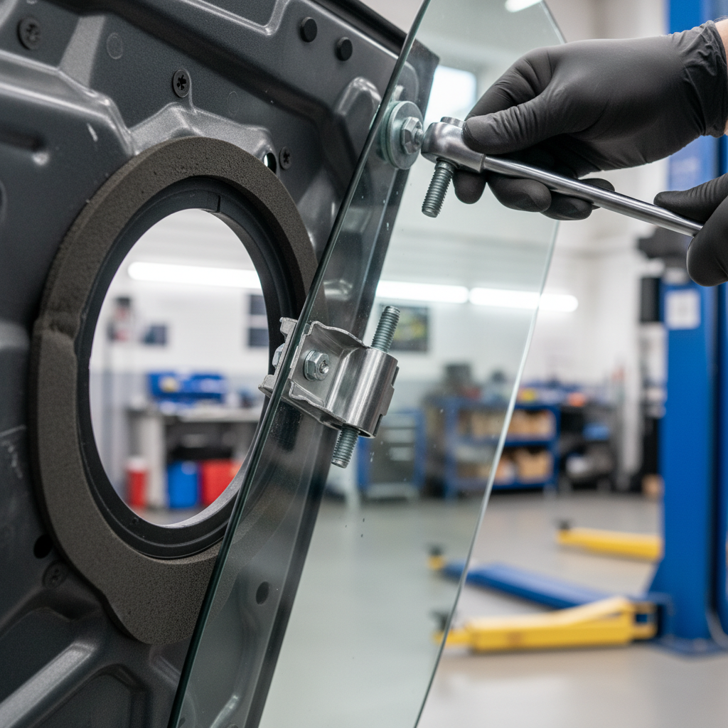 Close-up of power window glass clamp and regulator attachment point