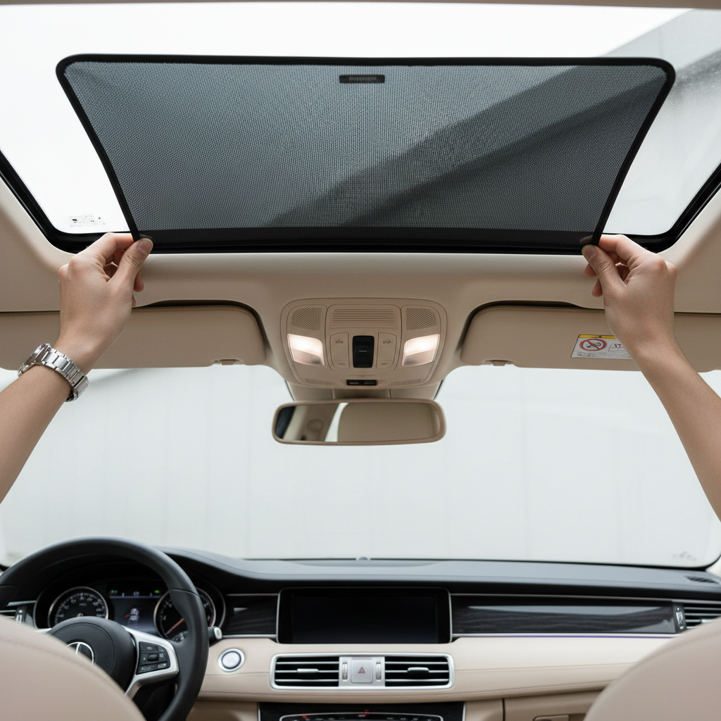 Driver installing a moonroof sun shade carefully without blocking roof controls