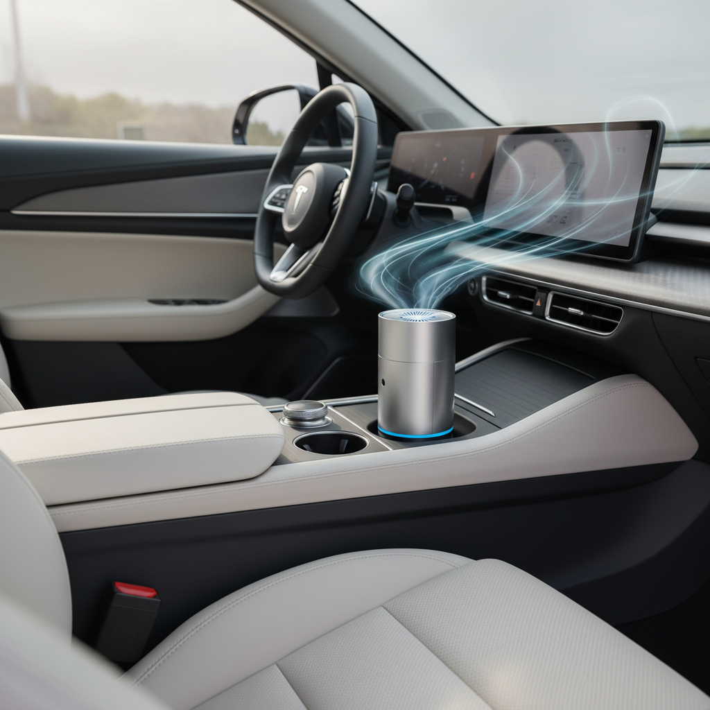 Car interior with visible airflow from a compact HEPA air purifier for smoke removal