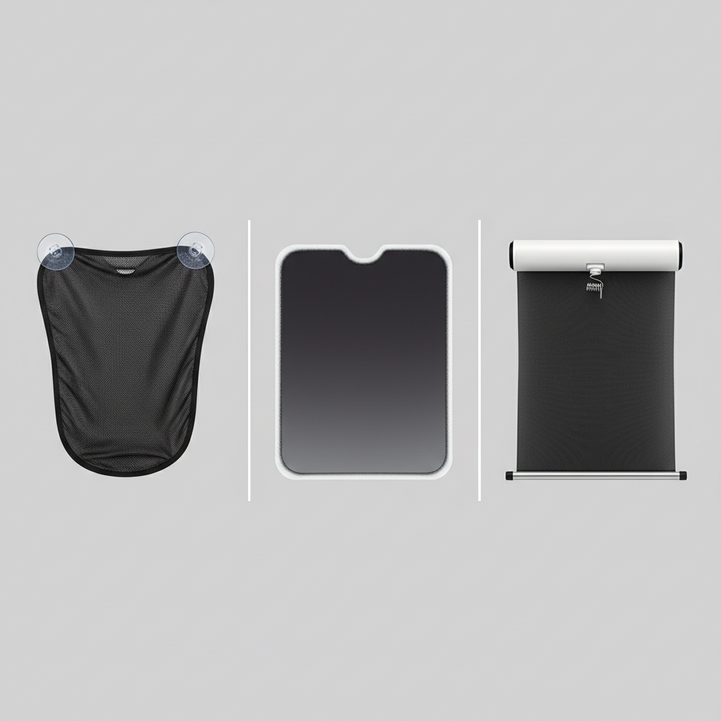 Comparison of rear window sunshade styles: suction, static cling, and retractable