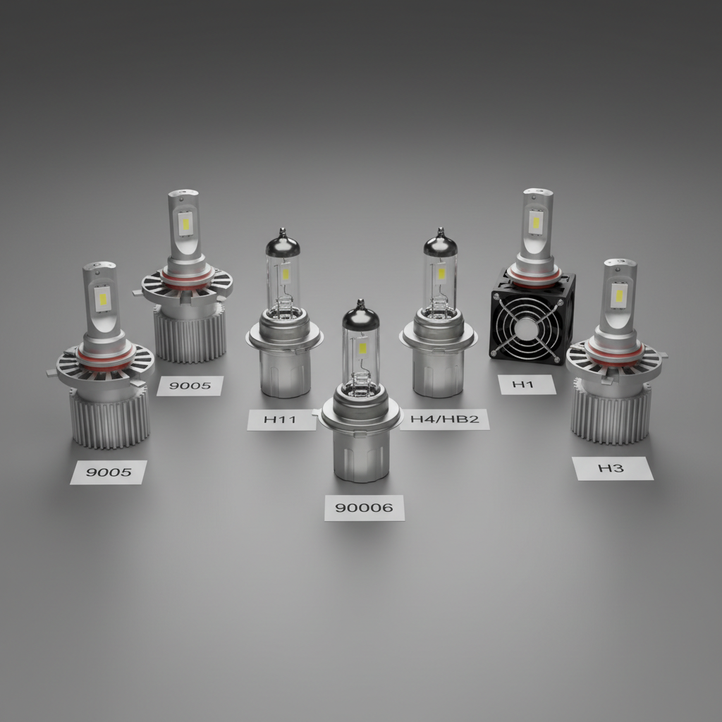 Different automotive headlight bulb types arranged with labels for fit comparison