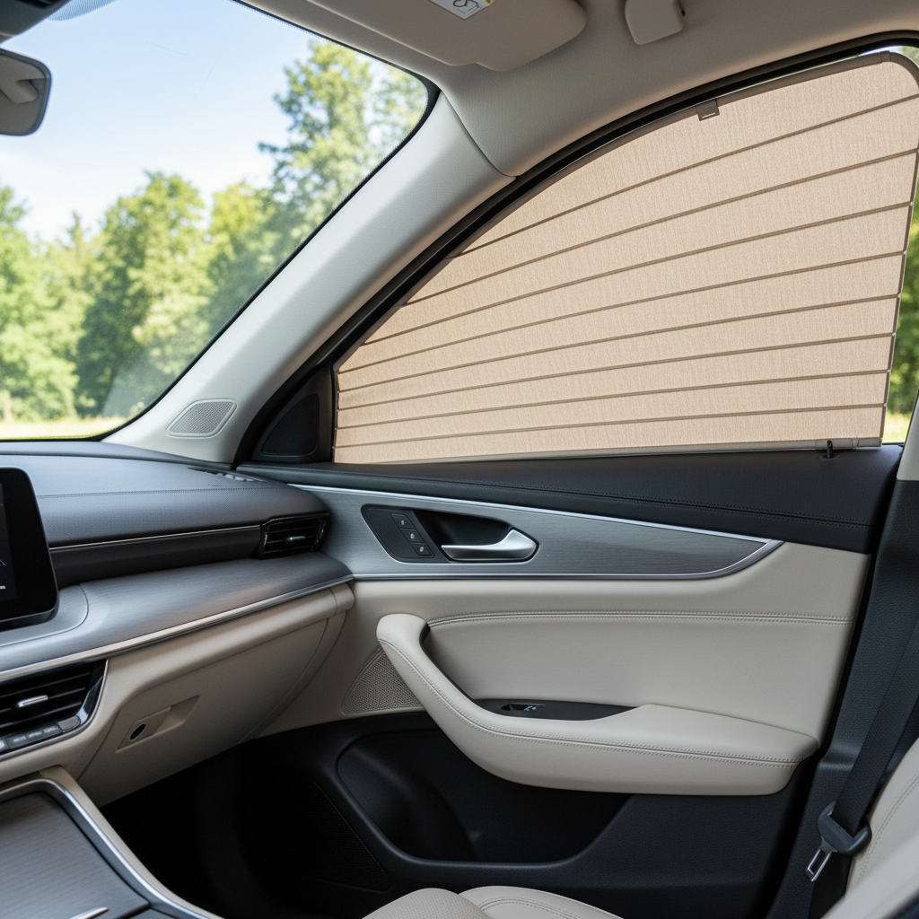 Front seat side window sun shade installed on a car door window
