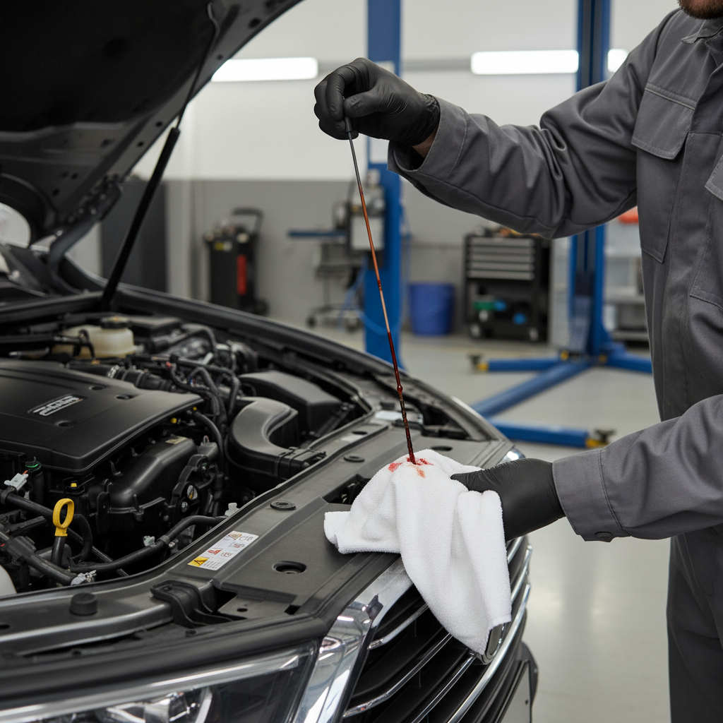 Mechanic checking transmission fluid dipstick and color condition