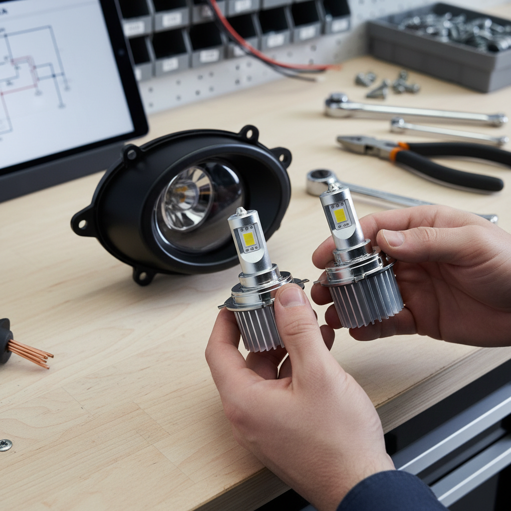 Hands comparing fog light bulb sizes and checking clearance behind fog light housing