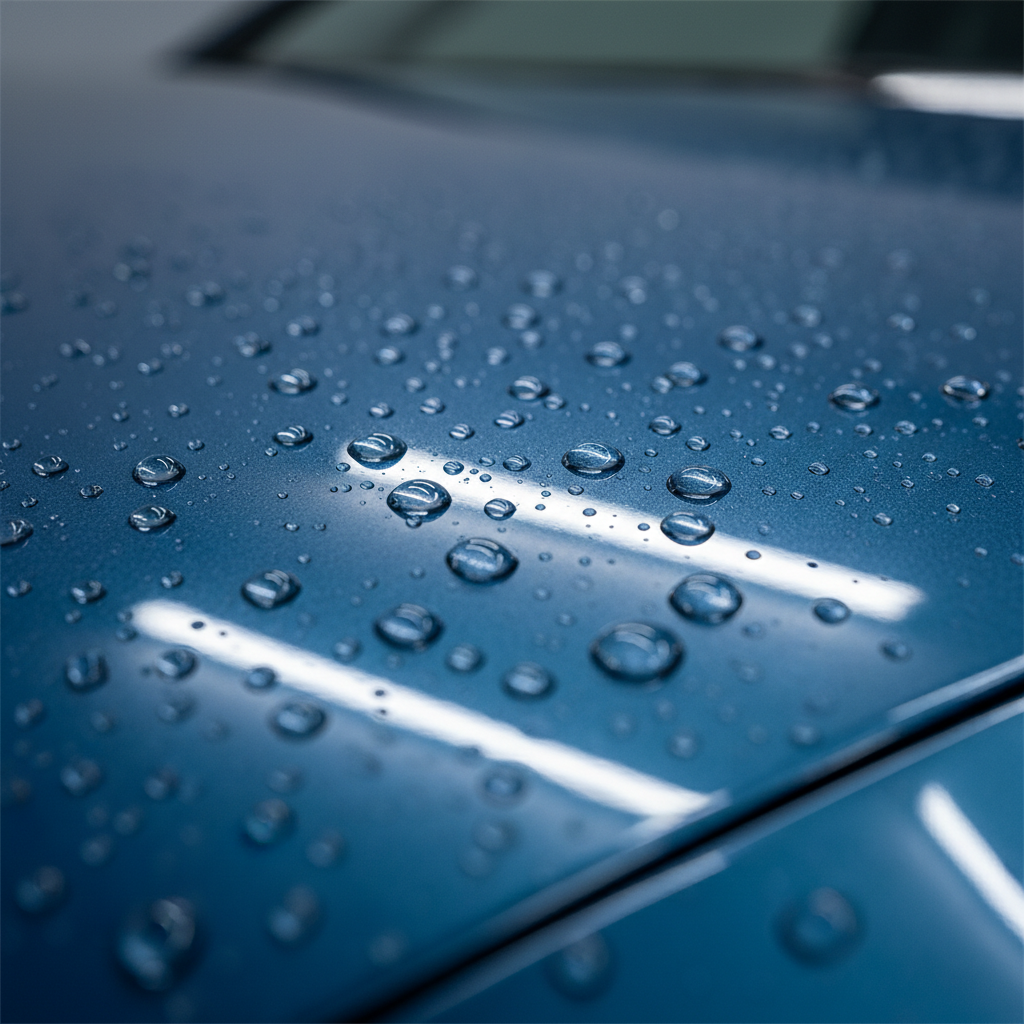 Car paint beading after wash and wax with water droplets