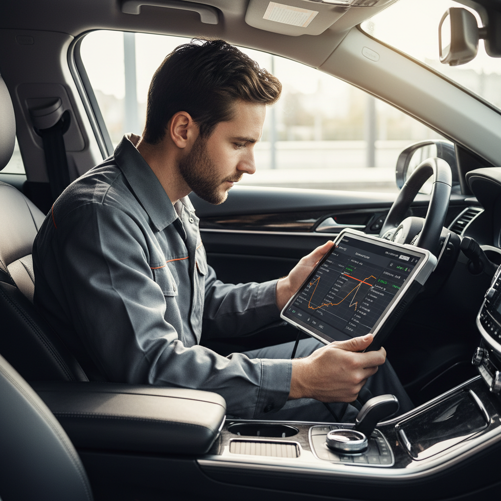 Mechanic scanning live data for mass airflow sensor readings with OBD2 tool