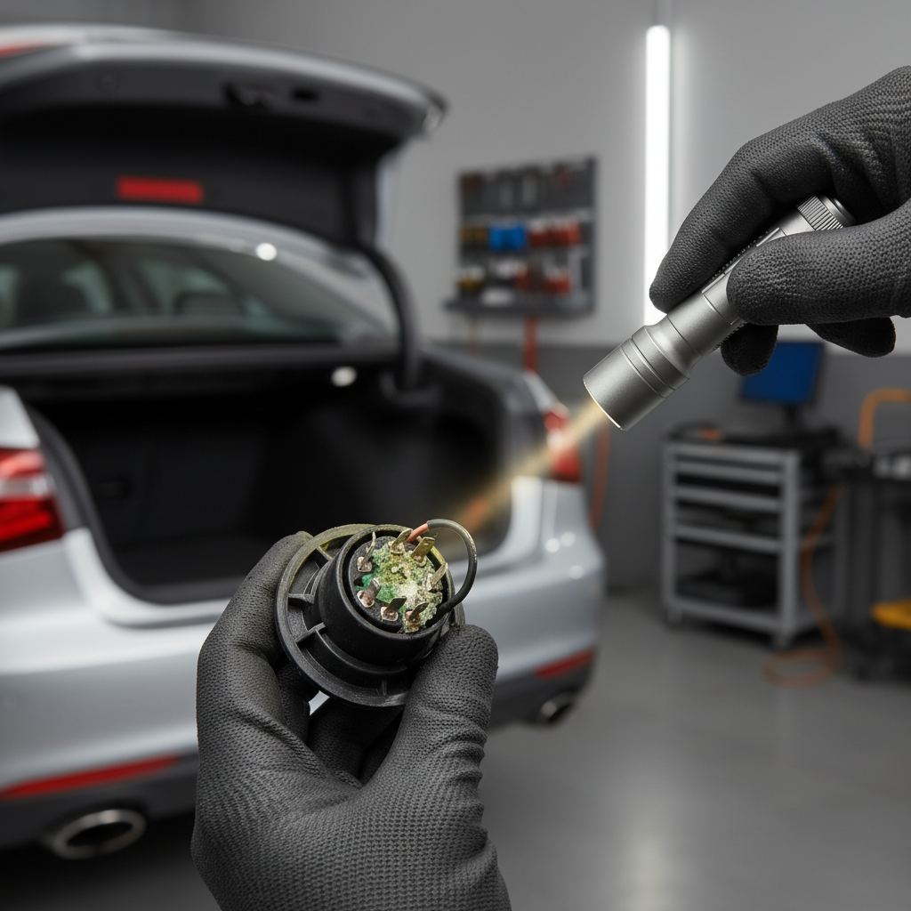 Rear tail light bulb socket and contacts being inspected for corrosion