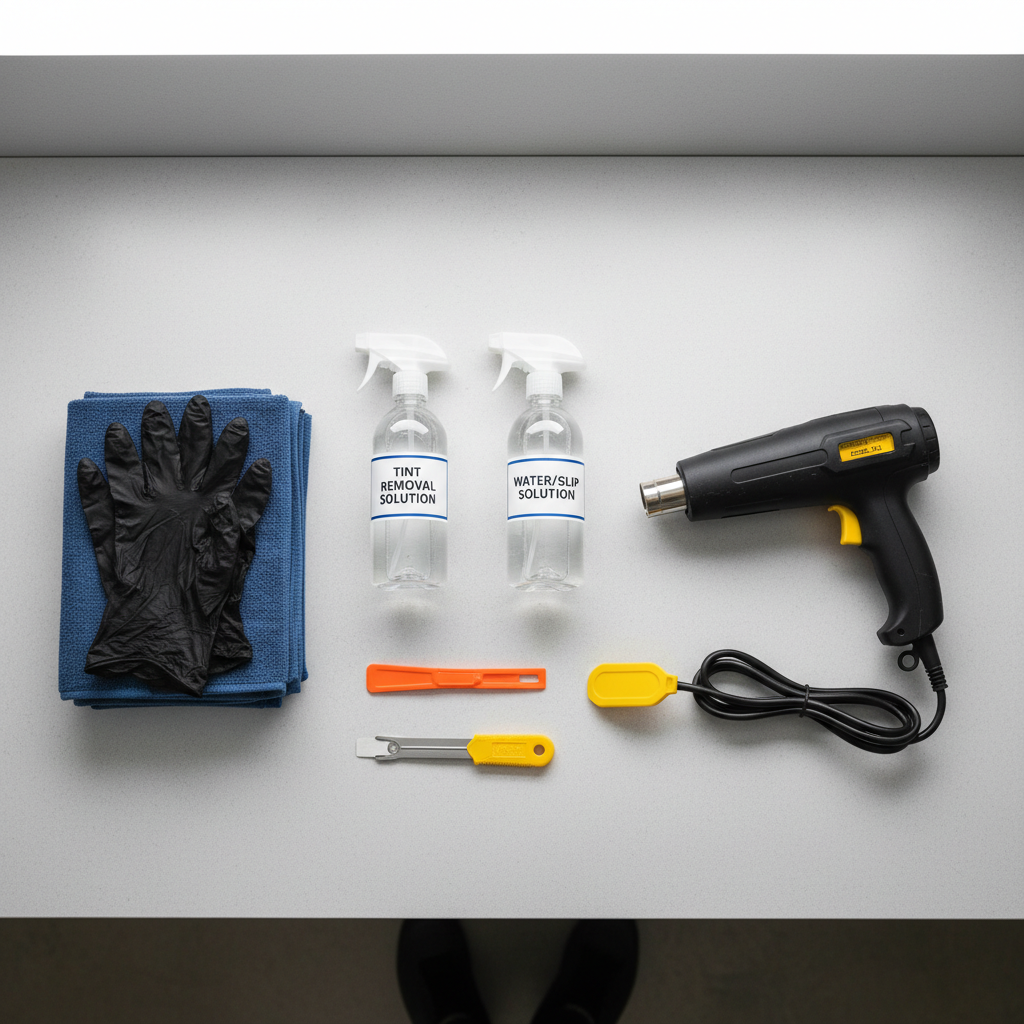Window tint removal supplies: spray bottles, plastic scraper, microfiber towels and gloves
